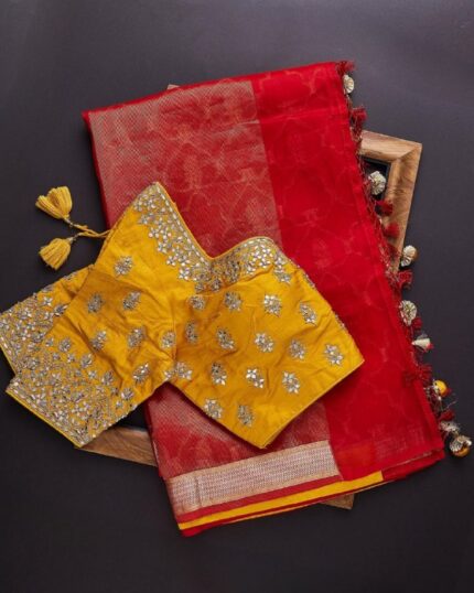 Exclusive Banarasi Jacquard Work Yellow Saree With Red Blouse