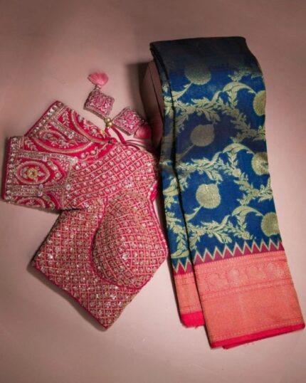 Exclusive Banarasi Silk Banarasi Work Blue Saree With Red Blouse