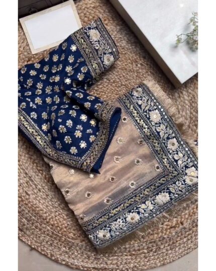 Exclusive Beige & Blue Tissue Silk Multi Embroidery Work Saree With Blouse
