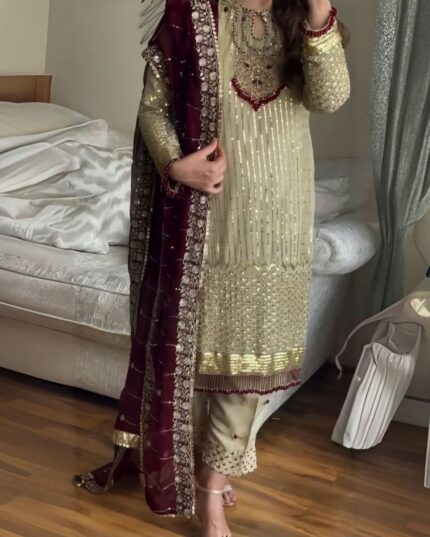 Exclusive Beige Chinon Silk Embroidery Work Pakistani Suit With Wine Dupatta