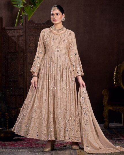 Exclusive Beige Chinon Silk Sequence Work Anarkali Suit With Dupatta