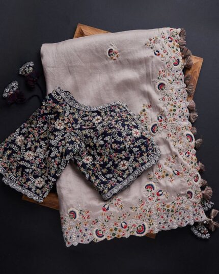 Exclusive Beige Dola Silk Fancy Embroidery Work Saree With Blouse