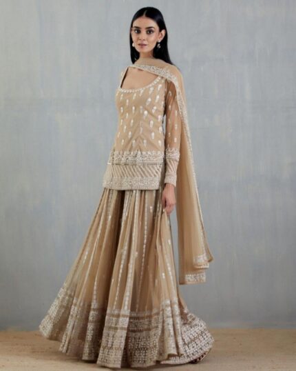Exclusive Beige Georgette Embroidery Work Sharara Suit With Dupatta