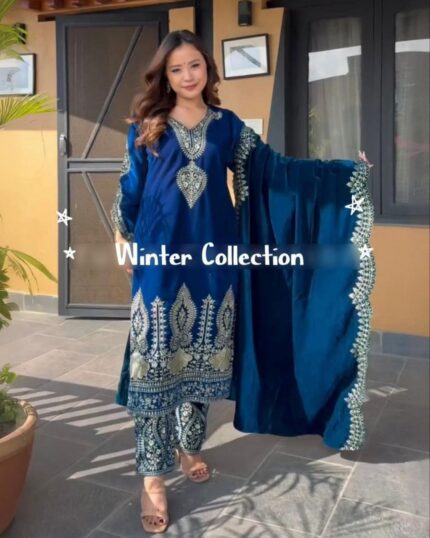 Exclusive Black And Blue Velvet Embroidery Work Pakistani Suit With Dupatta
