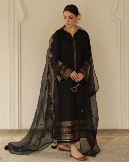 Exclusive Black Chinon Silk Embroidery Work Pakistani Suit With Dupatta