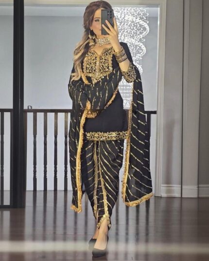 Exclusive Black Chinon Silk Embroidery Work Tulip Suit With Dupatta
