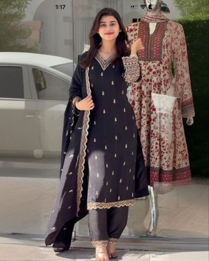 Exclusive Black Chinon Silk Sequence Work Pakistani Suit With Dupatta