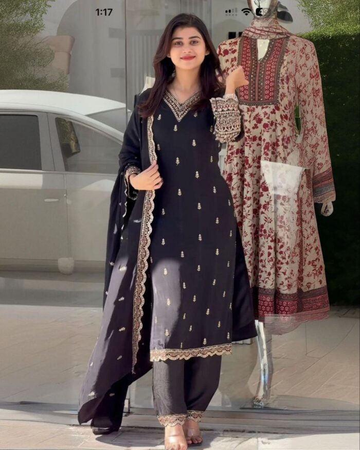 Exclusive Black Chinon Silk Sequence Work Pakistani Suit With Dupatta