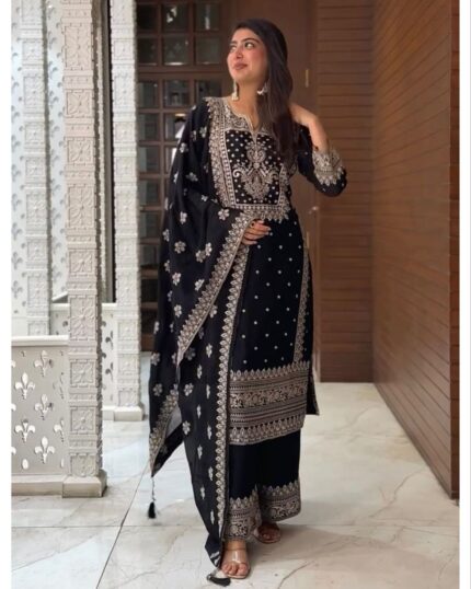 Exclusive Black Chinon Silk Sequence Work Palazo Suit With Dupatta