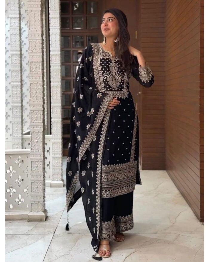 Exclusive Black Chinon Silk Sequence Work Palazo Suit With Dupatta