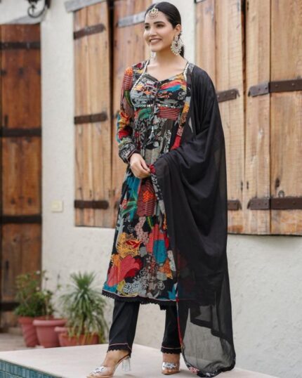 Exclusive Black Colour Floral Print Anarkali Suit With Dupatta