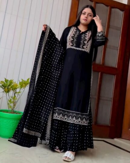 Exclusive Black Faux Georgette Digital Print Plazzo Suit Dupatta