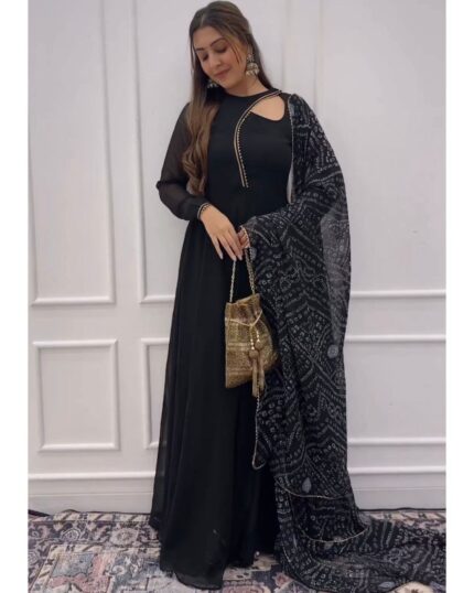 Exclusive Black Faux Georgette Lace Work Anarkali Gown With Dupatta
