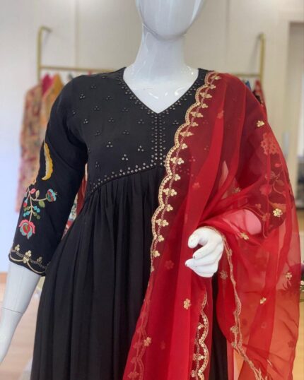 Exclusive Black Faux Georgette Sequence Work Gown With Dupatta