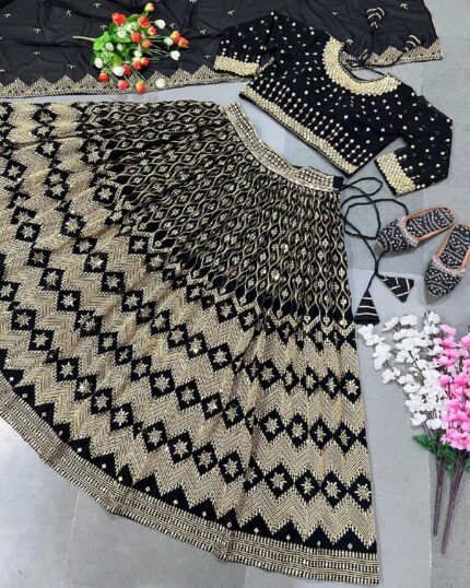 Exclusive Black Faux Georgette Sequence Work Lehenga Choli With Dupatta