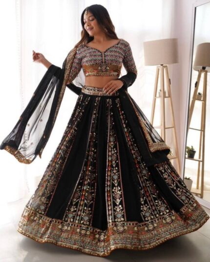 Exclusive Black Faux Georgette Sequence Work Lehenga Choli With Dupatta