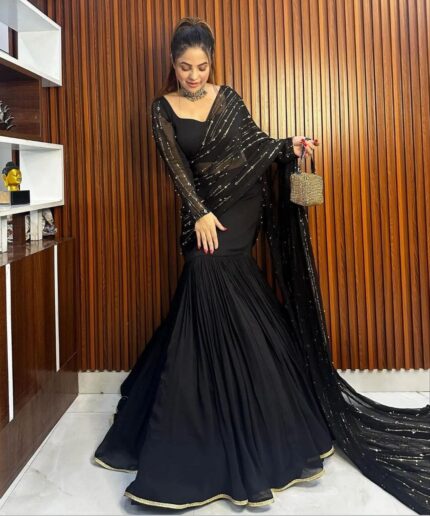 Exclusive Black Faux Georgette Sequence Work Lehenga Saree With Blouse