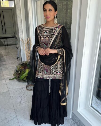 Exclusive Black Faux Georgette Sequence Work Sharara Suit With Dupatta