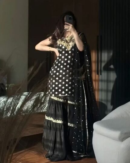 Exclusive Black Faux Georgette Sequence Work Sharara Suit With Dupatta