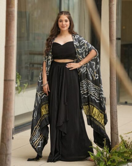 Exclusive Black Georgette Crop-Top And Dhoti-Skirt With Chex Printed Shrug