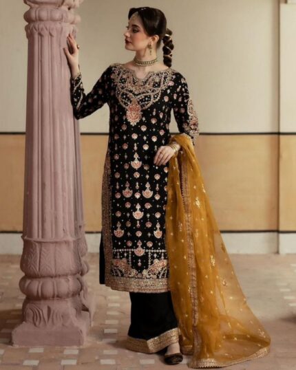 Exclusive Black Georgette Embroidery Work Pakistani Suit With Mustard Dupatta