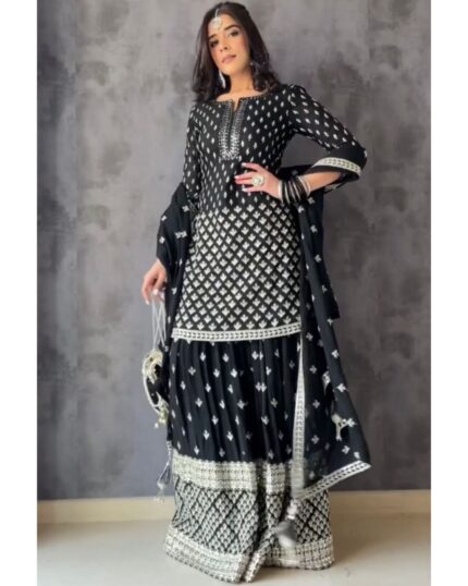 Exclusive Black Georgette Embroidery Work Sharara Suit With Dupatta