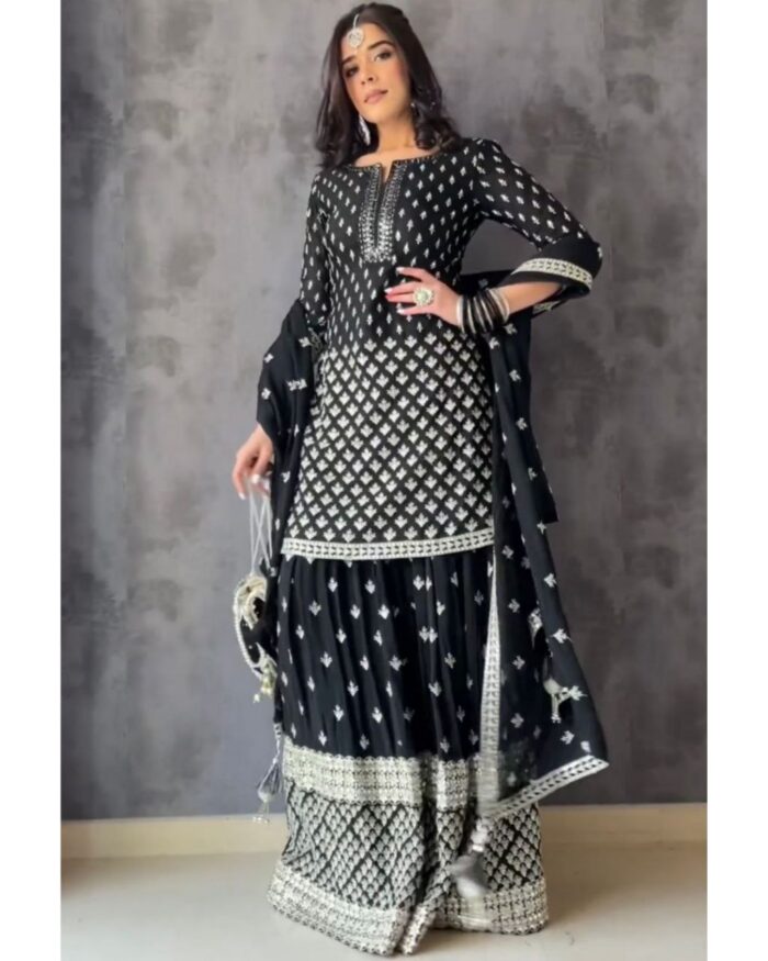 Exclusive Black Georgette Embroidery Work Sharara Suit With Dupatta
