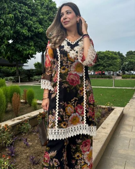 Exclusive Black Georgette Fancy Digital Print Work Pant Suit