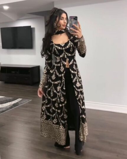 Exclusive Black Georgette Sequence Work Front Cut Anarkali Suit With Dupatta