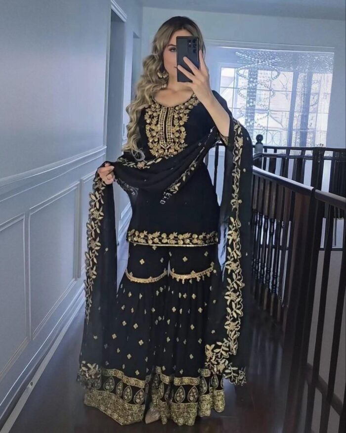 Exclusive Black Georgette Sequence Work Gharara Suit With Dupatta