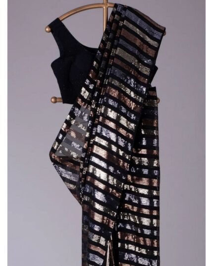 Exclusive Black Georgette Shade Sequence Work Saree With Blouse