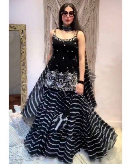 Exclusive Black Georgette Striped Printed Sharara Suit With Dupatta