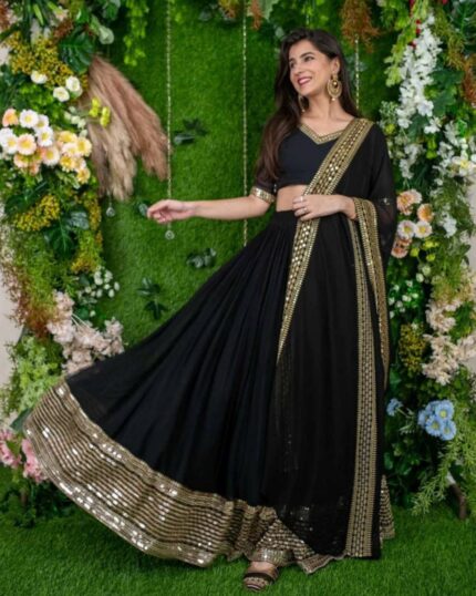 Exclusive Black & Golden Bottom Pure Georgette Lace Work Lehenga Choli With Dupatta