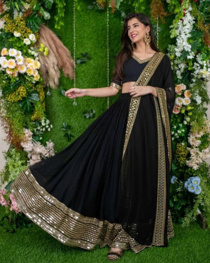 Exclusive Black & Golden Bottom Pure Georgette Lace Work Lehenga Choli With Dupatta