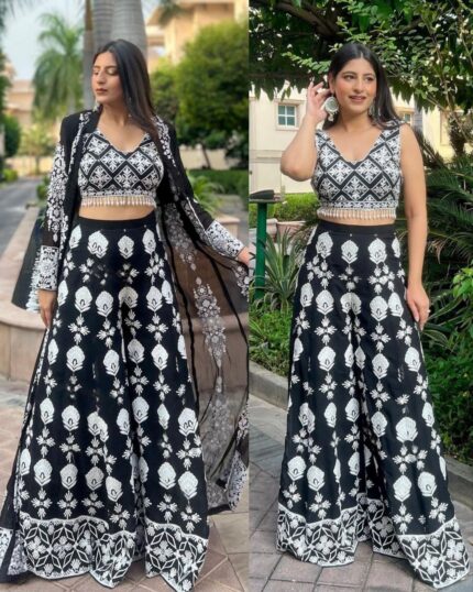 Exclusive Black Heavy Georgette Embroidery Work Palazo-Top With Koti