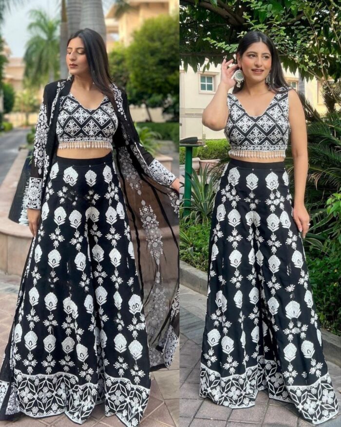 Exclusive Black Heavy Georgette Embroidery Work Palazo-Top With Koti