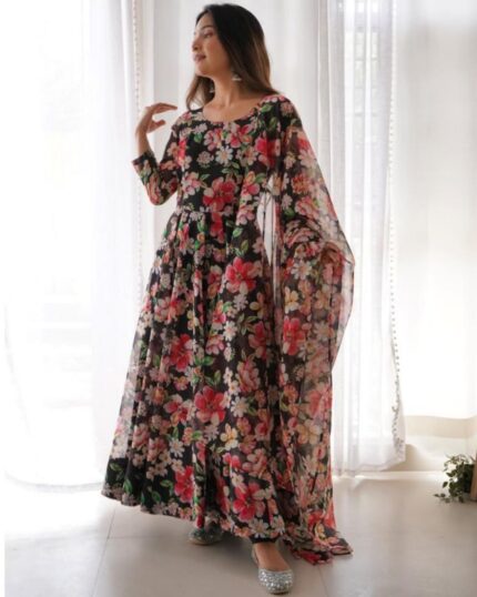 Exclusive Black Heavy Georgette Floral Print Work Anarkali Suit With Dupatta