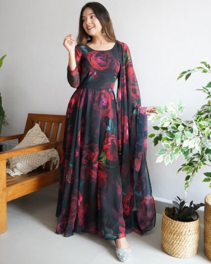 Exclusive Black Heavy Georgette Floral Print Work Anarkali Suit With Dupatta