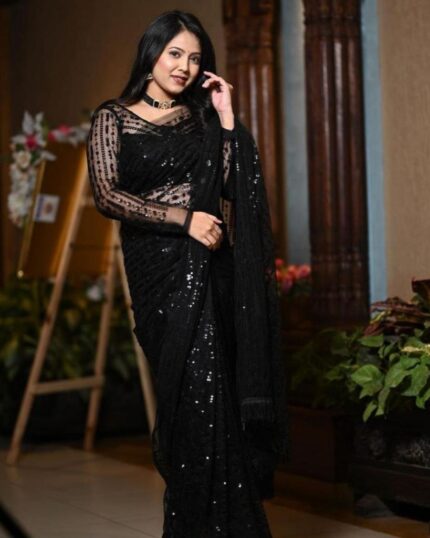 Exclusive Black Heavy Mono Net Sequence Work Saree With Blouse