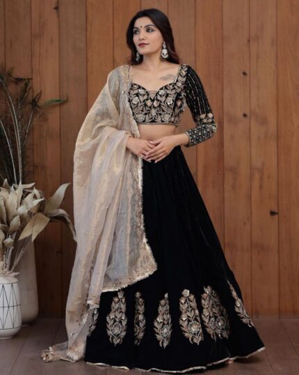 Exclusive Black Micro Velvet Embroidery Work Lehenga Choli With Dupatta