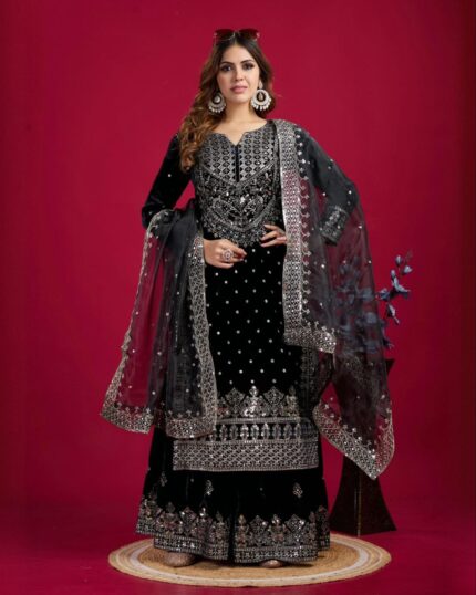 Exclusive Black Micro Velvet Embroidery Work Sharara Suit With Dupatta