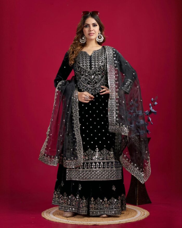 Exclusive Black Micro Velvet Embroidery Work Sharara Suit With Dupatta