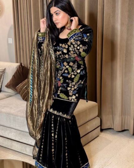 Exclusive Black Micro Velvet Embroidery Work Sharara Suit With Dupatta