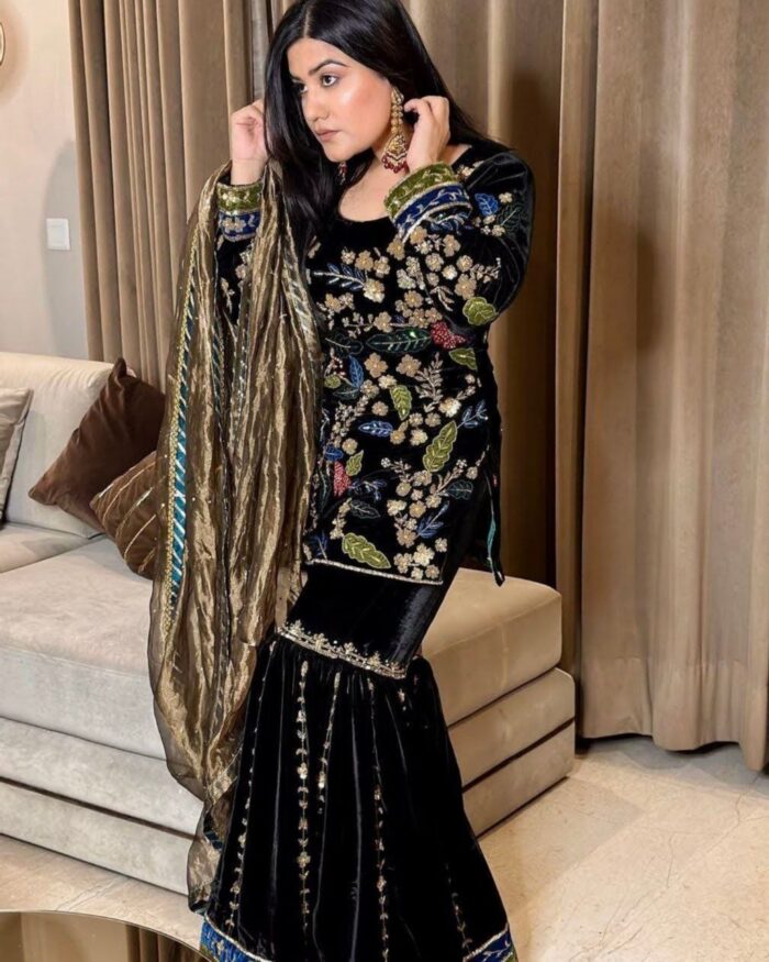 Exclusive Black Micro Velvet Embroidery Work Sharara Suit With Dupatta