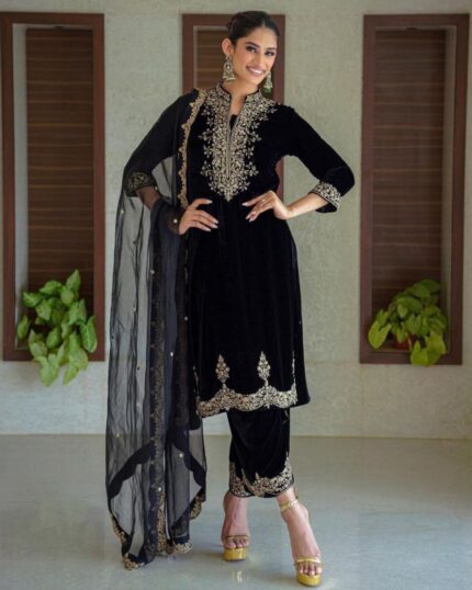 Exclusive Black Micro Velvet With Fancy Embroidery Work Pant Suit With Dupatta