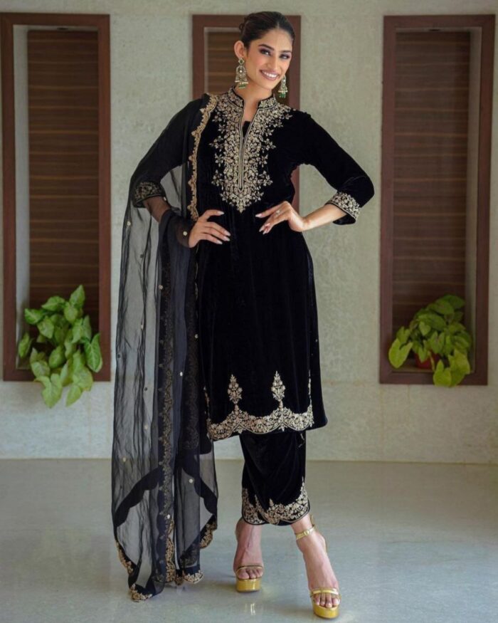 Exclusive Black Micro Velvet With Fancy Embroidery Work Pant Suit With Dupatta