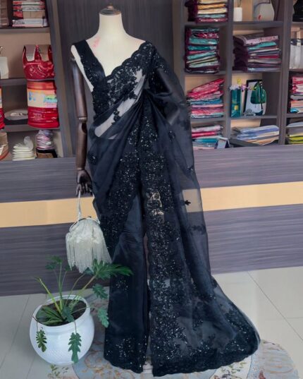 Exclusive Black Organza Silk Embroidery Work Saree With Blouse