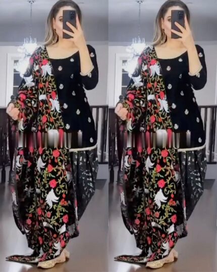 Exclusive Black Pure Georgette Digital Print Dhoti Suit With Dupatta
