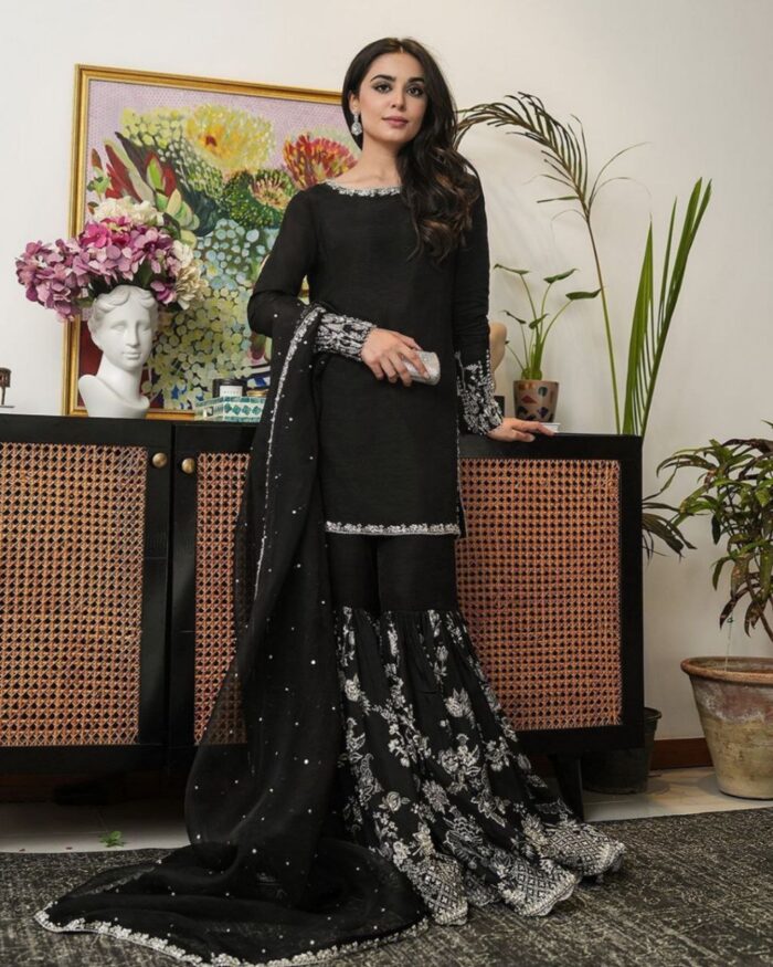 Exclusive Black Pure Georgette Embroidery Work Gharara Suit With Dupatta