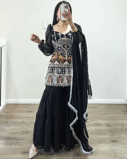 Exclusive Black Pure Georgette Embroidery Work Gharara Suit With Dupatta